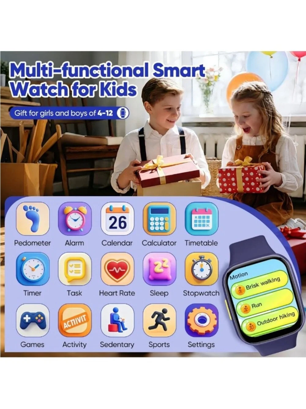 Kids Smart Watch - HD Touch Screen Fitness Tracker, Heart Rate Monitor